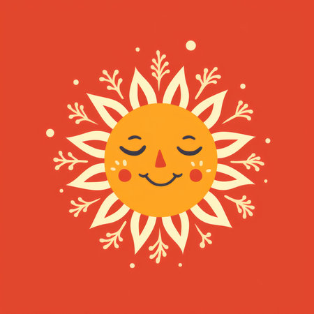 Sun simple illustration on red orange background. Sun with merry face.の素材