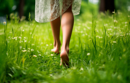 Woman walking barefoot on green grass outdoor, close-upの素材
