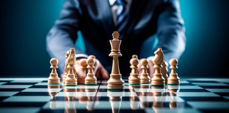 Businessman moving chess piece on chess board game.の素材
