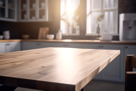 Kitchen table top for product display or podium with blurred modern kitchen background.の素材