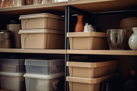 Close up of boxes and plastic containers on the shelves. Storage at home.の素材