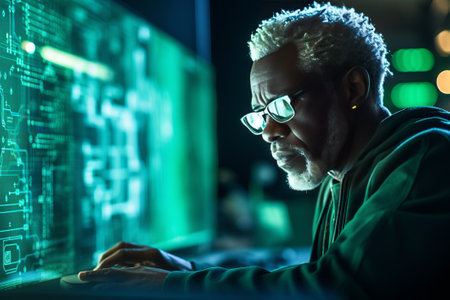 Focused older black man in glasses working on computer. Blue reflection on his glasses and everywhere.の素材