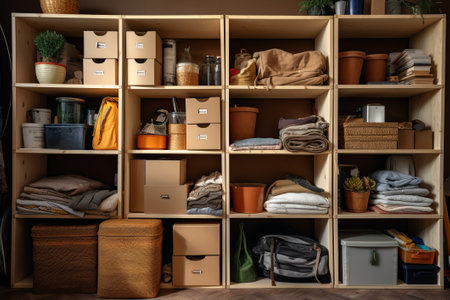 Close up of boxes and plastic containers on the shelves. Storage at home.の素材
