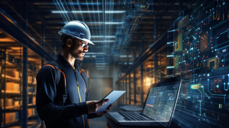 Portrait of an employee in a hard hat with a laptop who coordinates delivery at the warehouse and data center.の素材