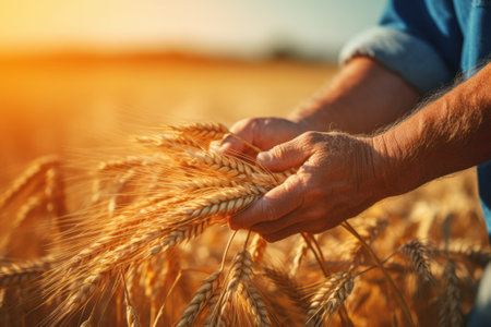 Hands of unrecognized farmer touching picked crop of wheat.の素材