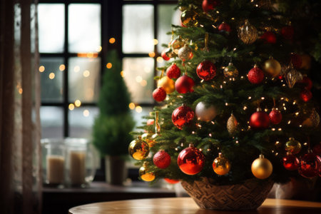 Christmas tree with balls and decorations close-up.の素材