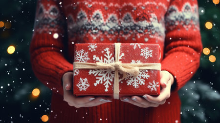 Woman hands in pullover or Christmas sweater holding red gift box with ribbon.の素材