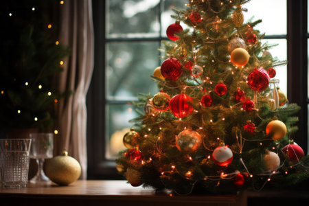 Christmas tree with balls and decorations close-up.の素材