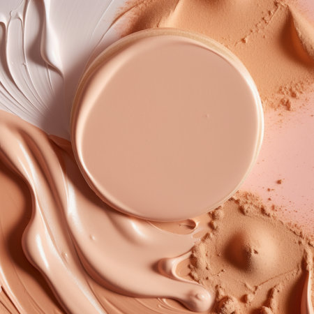 Cosmetic smears of creamy texture on pastel beige background.の素材