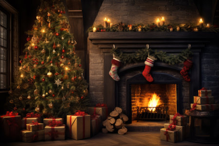 Christmas Interior. Magic glowing fireplace in the living room.の素材