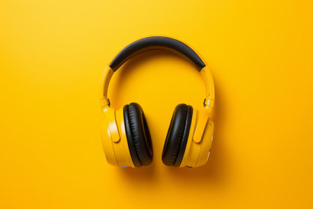 Monochromatic minimalistic yellow background with yellow headphones on it.の素材