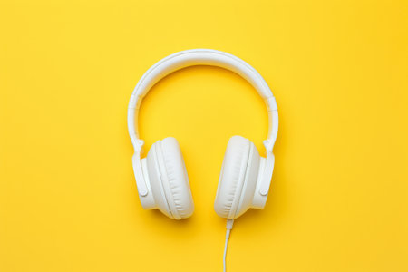 Monochromatic minimalistic yellow background with white headphones on it.の素材