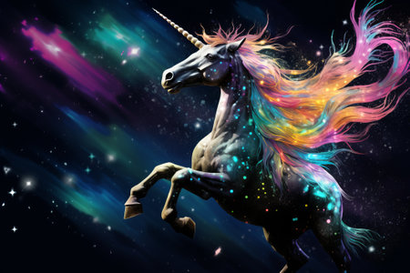 Unicorn with cosmic stars background.の素材