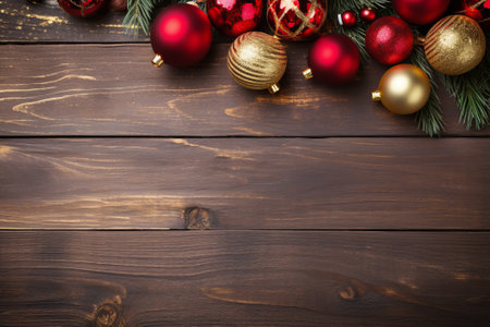 Red and gold Christmas balls border the wooden background.の素材