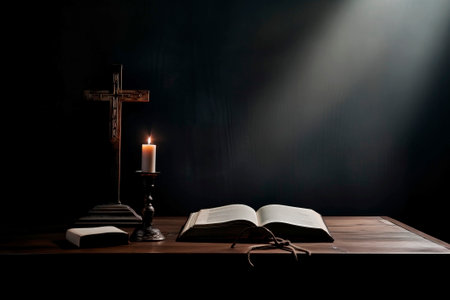 Holy Bible and Cross on Desk. Minimalism, dark and light.の素材
