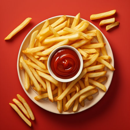 French fries or potato chips with ketchup top view.の素材