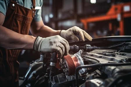 Car care maintenance and servicing. Close-up hand of technic engineer.の素材