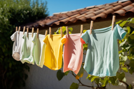 After being washed children colorful clothes dried outdoor.の素材