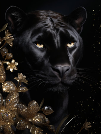 Black panther on dark background, gold glitters.の素材