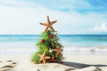 Christmas tree decorated on the sandy beach.の素材