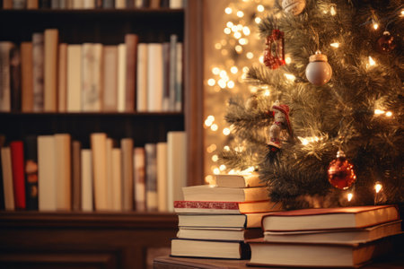 Many books near Christmas tree at cozy home lights garland.の素材