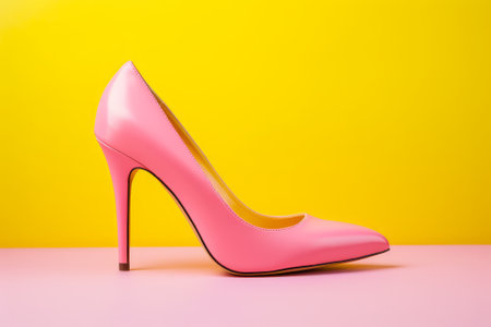 Stylish pink high heel on yellow pink background.の素材