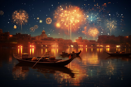 Fireworks and festive lights over river for Diwali.の素材