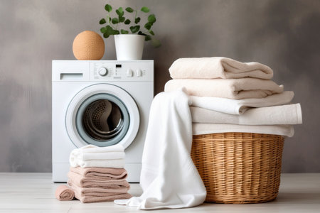 Washing machine and basket with towels in a laundry room.の素材