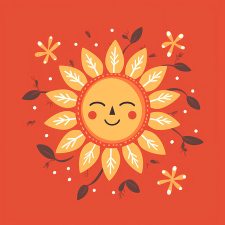 Sun simple illustration on red orange background. Sun with merry face.の素材