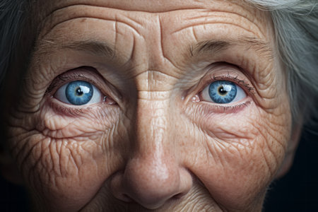The performance of body aging shall be marked with wrinkles, spots. Blue eyes of senior old ladyの素材