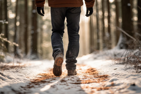 Back view of a man walking in a winter forest. Close up of legs.の素材