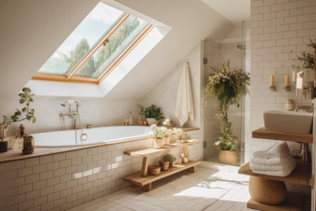 Pretty clean minimalist attic bathroom with white walls and big window.の素材