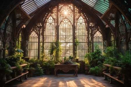 Fairy tale or magic medieval Greenhouse with cinematic lighting. Big windows. Like in Hogwarts.の写真素材