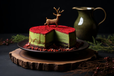 Christmas red matcha cheesecake with deer little figure.の素材