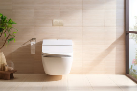 Modern luxury wall in bathroom hanging toilet bowl with closed seat.の素材