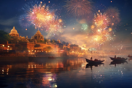 Fireworks and festive lights over river for Diwali.の素材