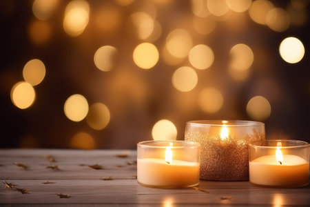 Cozy atmospheric blurred bokeh light background for Christmas with candles.の素材