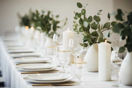 Minimalist white and green tablescape with eucalyptus in vase and candles.の素材