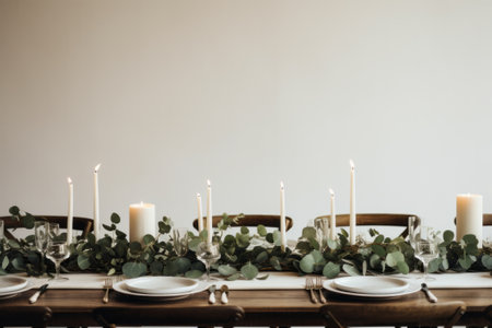 Minimalist white and green tablescape with eucalyptus in vase and candles.の素材