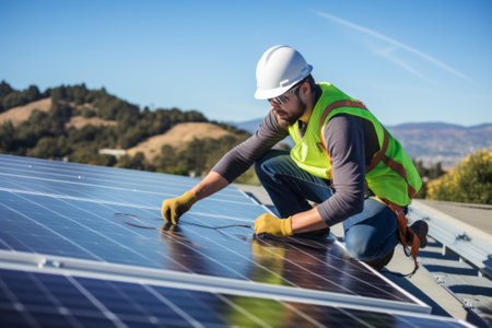 Solar power consultant expert on a roof installing the panel.の素材