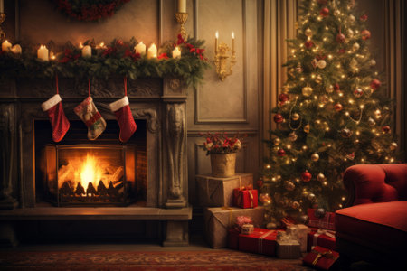 Living room home interior with decorated fireplace for Christmas.の素材