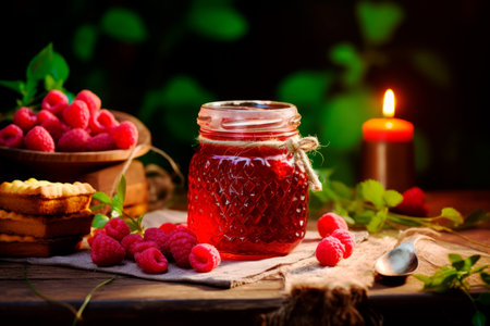 Raspberry jam in a glass jar.の素材