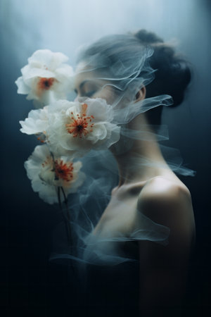 Close-up double exposure abstract with side profile portrait of a girl. Flowers and floral pattern.の素材