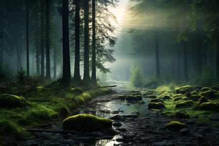 Foggy forest, natural light.の素材