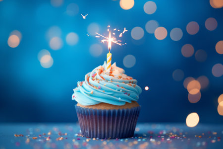 Close-up of birthday cupcake with one candle on blue background with flying confetti and bokeh.の素材