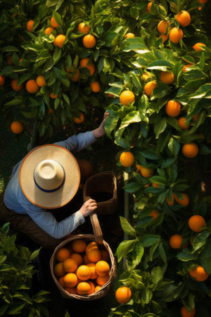 Orange tree with many oranges. Gardener on a ladder is picking oranges wearing hat. Baskets are on the ground with oranges in them. Soft and warm colors.の素材