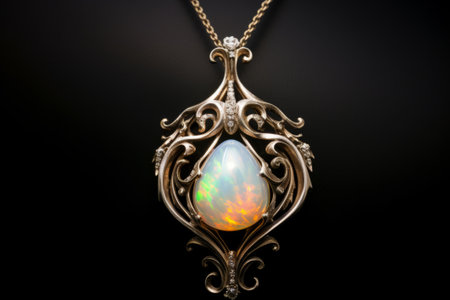 Beautiful 12 carat opal pendant, set in sterling silver with elaborate curls hanging on a necklace display, hyper detailed, photorealistic.の素材