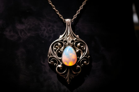 Beautiful 12 carat opal pendant, set in sterling silver with elaborate curls hanging on a necklace display, hyper detailed, photorealistic.の素材