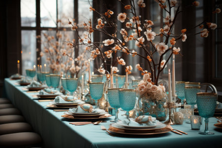 Turquoise, copper and beige colored winter table decor.の素材