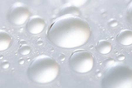 Close-up of white transparent drops liquid bubbles molecules.の素材